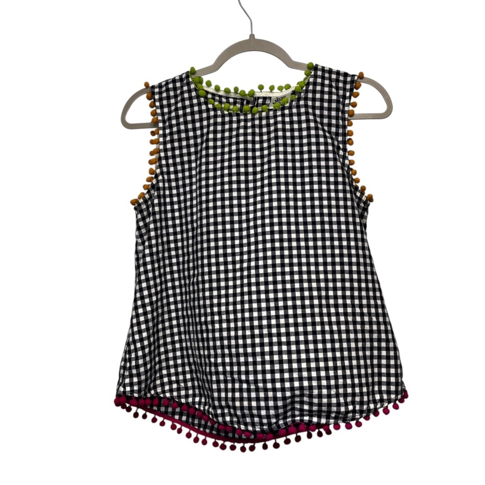 Ivy Jane Gingham Pom Pom Trim Sleeveless Top Women Size S Boho Bohemian Hippie